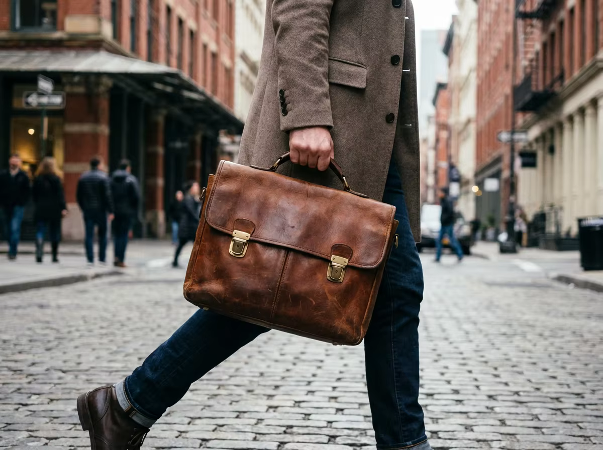 Man carrying a handcrafted full-grain leather briefcase through a city street