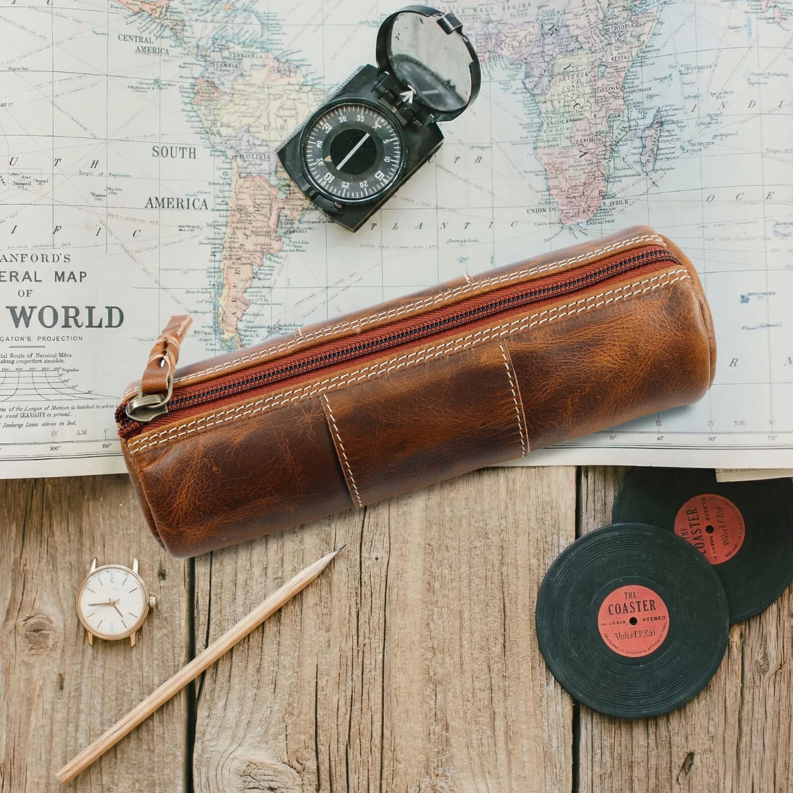 Leather Round Pencil Case — Brown, alternate view